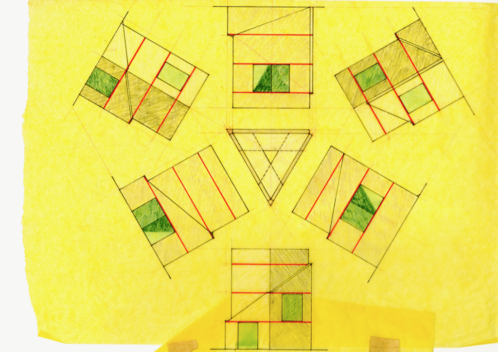 Tom Killian (*), studies for the National Commercial Bank,, c. 1976 – 1980. Ink on yellow tracing paper. Courtesy Tom Killian.
